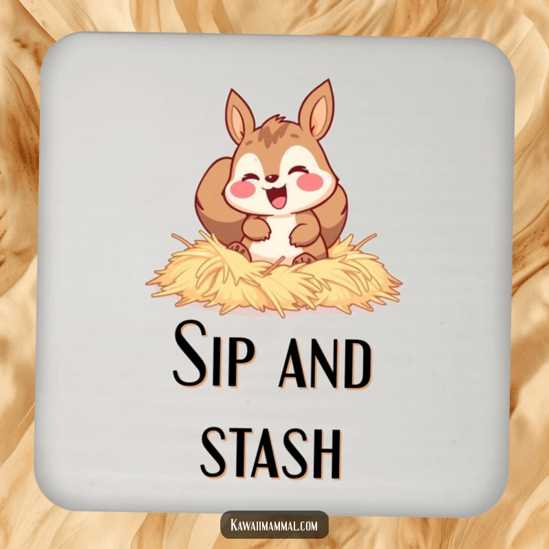 Funny drink coasters featuring a happy squirrel character gleefully burrowing through soft hay, adding cozy charm.