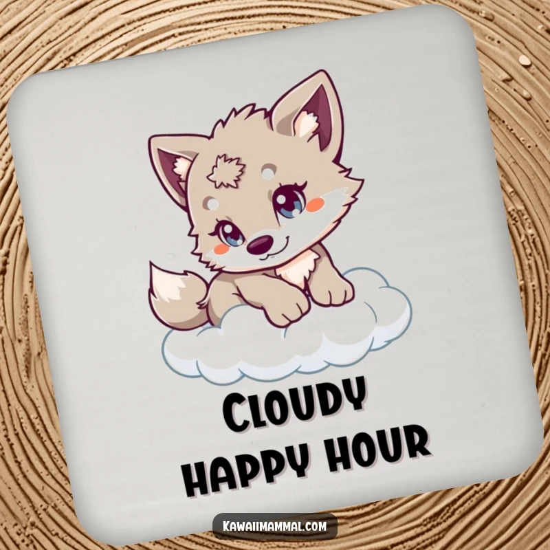 Funny Wolf Cub Drink Coaster featuring a playful cub, cautiously pouncing on a fluffy cloud, protecting surfaces with a touch of magic.