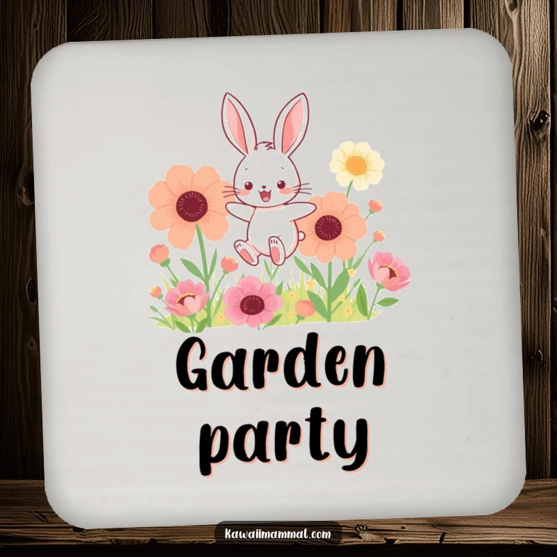 Funny drink coasters featuring a kawaii bunny joyfully hopping through giant flowers, adding whimsical, floral flair.