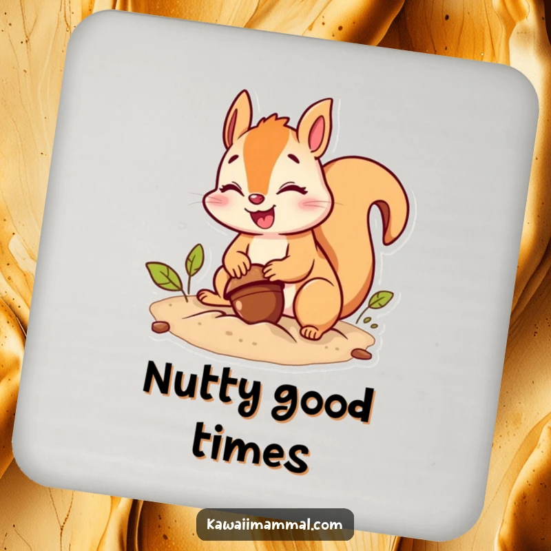 Funny squirrel coaster showing a giggling character burying an acorn with comical effort, protecting surfaces with humor.