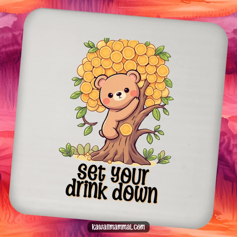Funny coaster featuring a Kawaii bear character climbing a honeycomb tree, offering humorous protection for surfaces with a sweet, adventurous design.
