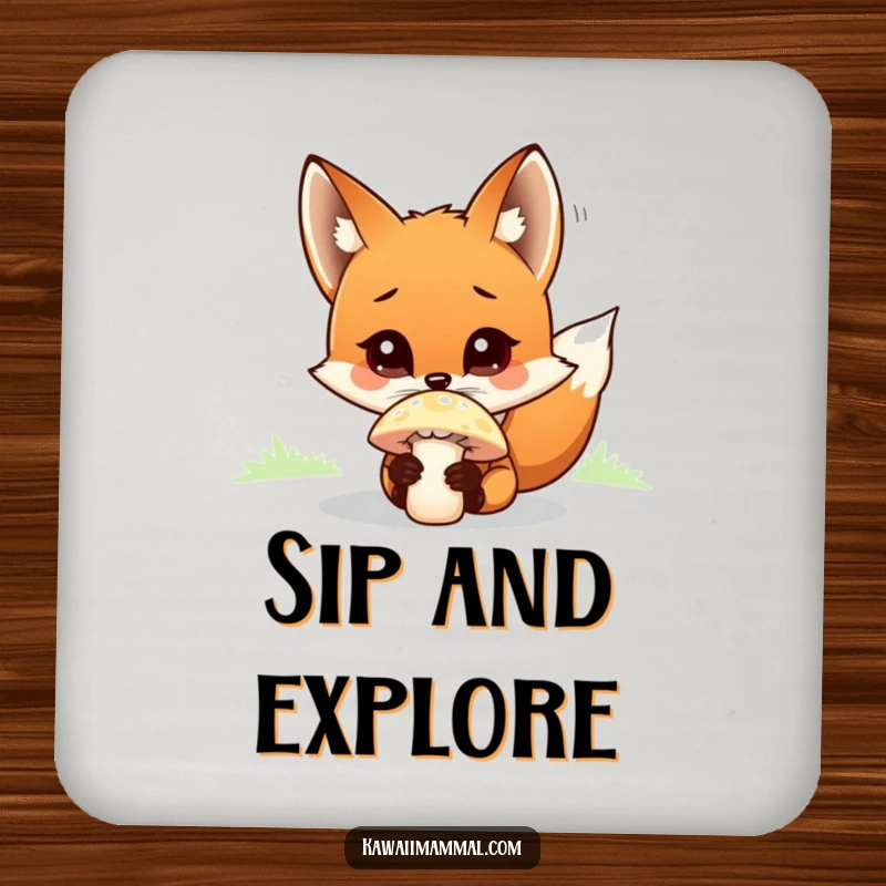 Funny fox character, curiously sniffing a mushroom, featured on a humorous drink coaster.