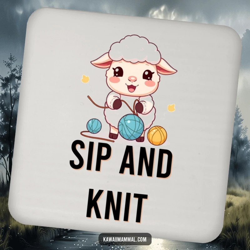 Funny Coasters: A set featuring a cute kawaii sheep happily juggling yarn. Humorous and practical funny gift.