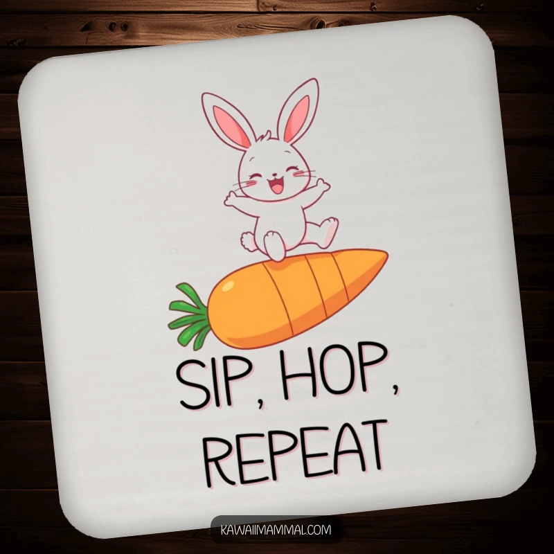 Funny drink coasters featuring a cheerful bunny character mid-leap over a large carrot, adding a playful touch.