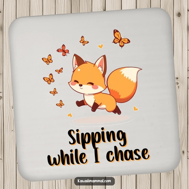 Funny Coaster: A playful fox with a bushy tail excitedly chases butterflies, guarding your table with whimsical delight.