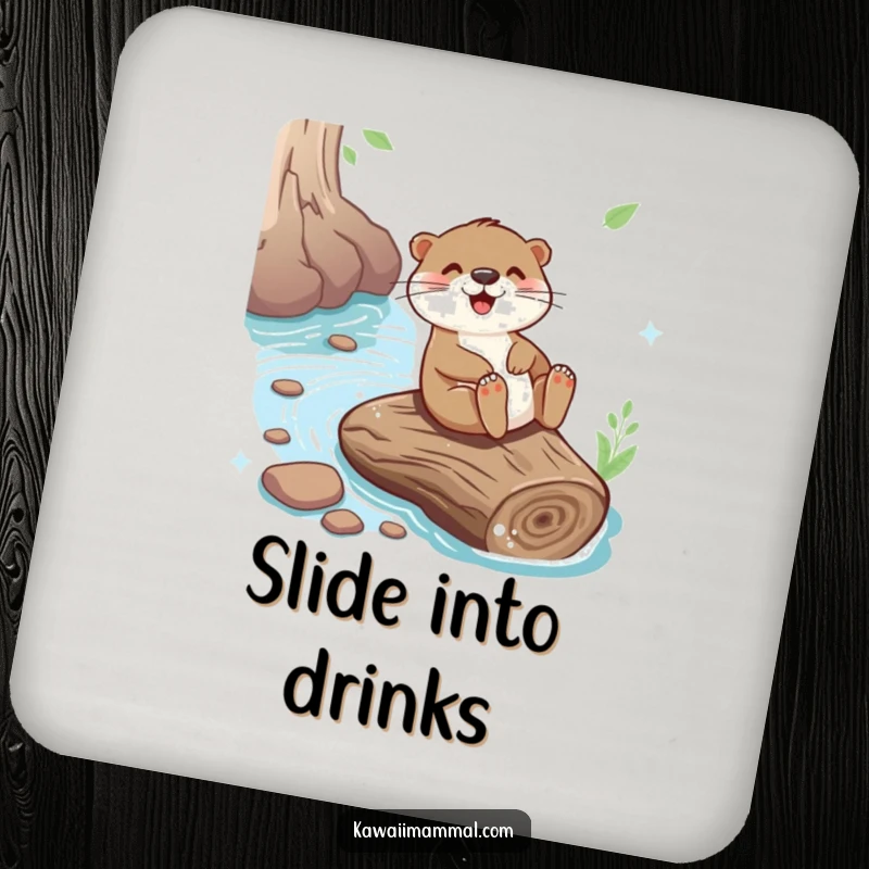 Funny coasters featuring a playful otter sliding down a river log, protecting surfaces with charm and humor.