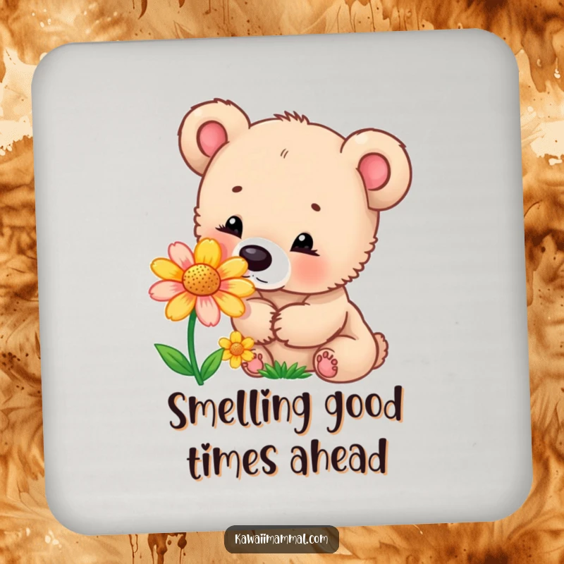 Funny drink coaster featuring a curious bear cub sniffing a colorful flower, protecting surfaces with innocent charm and humor.