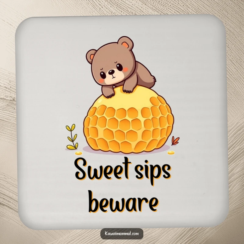 Funny coasters featuring a determined bear balancing on a honeycomb, protecting surfaces with humor and charm.