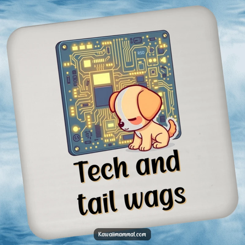 Funny drink coaster with a curious puppy character investigating a glowing computer circuit board, protecting surfaces with style.