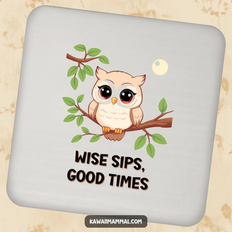 Funny kawaii owl coaster featuring a character observing with wide eyes, protecting surfaces with whimsical humor.