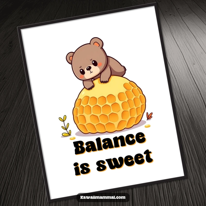 Funny poster art of a determined bear attempting to balance on a large honeycomb, creating a humorous and whimsical scene.