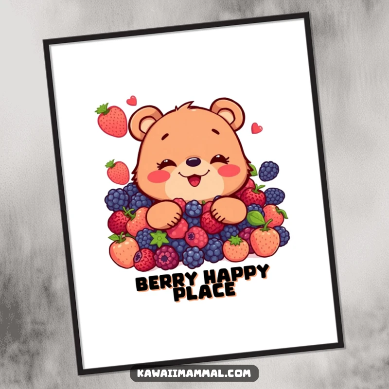 Funny poster art of a smiling bear character indulging in an enormous, tempting pile of luscious berries, embodying pure happiness.