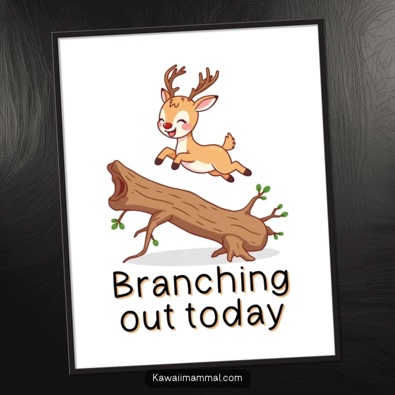 Funny deer character in a graceful leap over a fallen branch, presented as a humorous wall art print.
