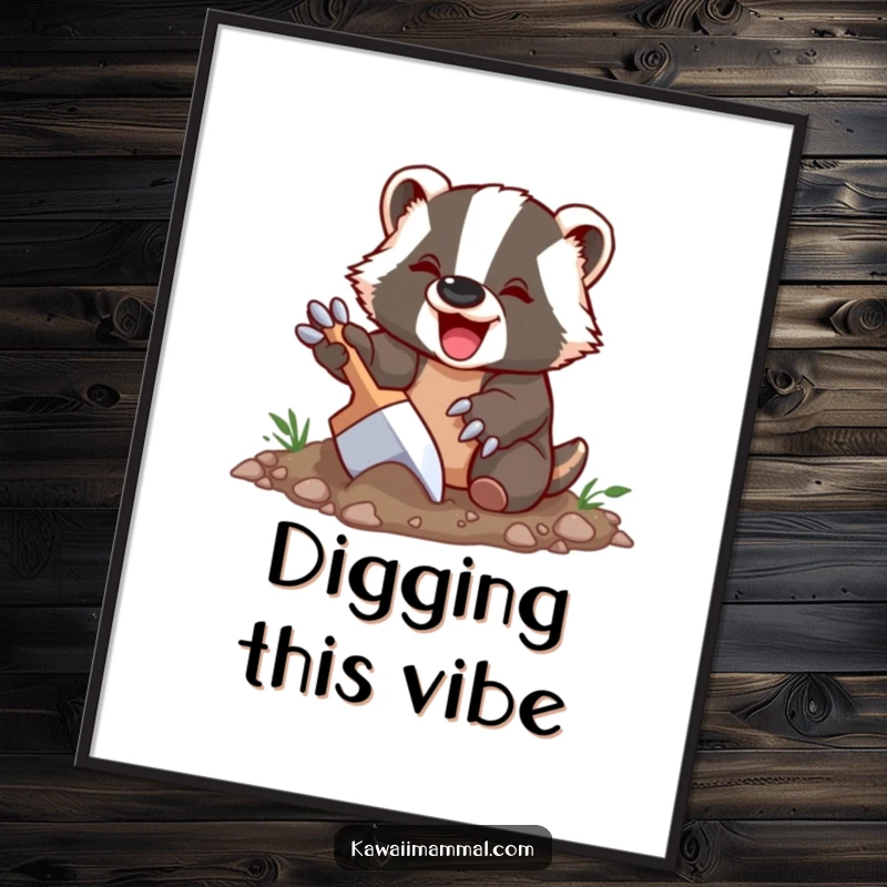 Funny Badger Poster featuring a delighted badger character happily digging with oversized claws, bringing a rustic and humorous vibe to decor.
