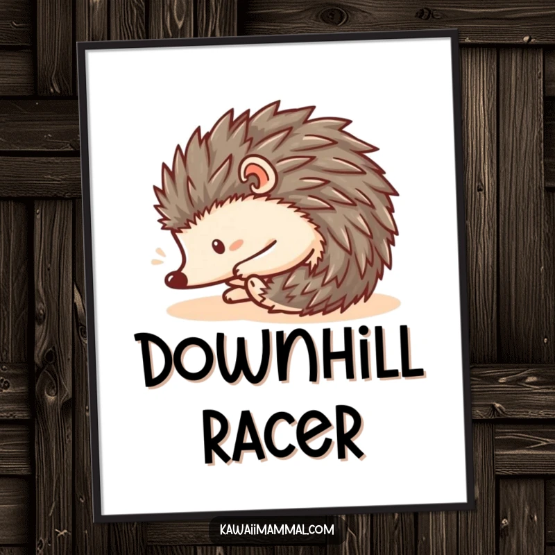 Funny Kawaii Hedgehog Roll Poster: A cute hedgehog perfectly balled up rolls downhill, a hilarious depiction of unstoppable momentum.