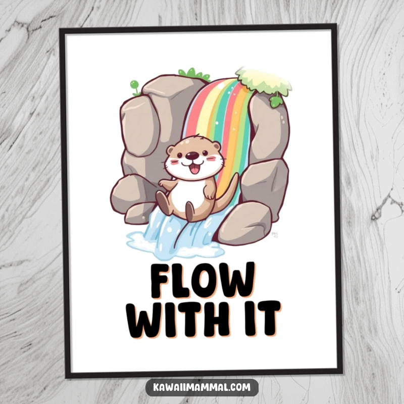 Funny otter poster depicting a playful character joyfully sliding down a rainbow waterfall, radiating vibrant happiness and playful spirit.