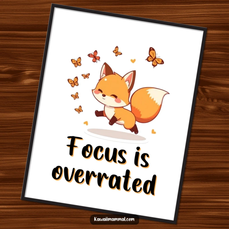 Funny Poster: A playful fox with a bushy tail excitedly chases butterflies, creating a lively and heartwarming scene of nature's fun.