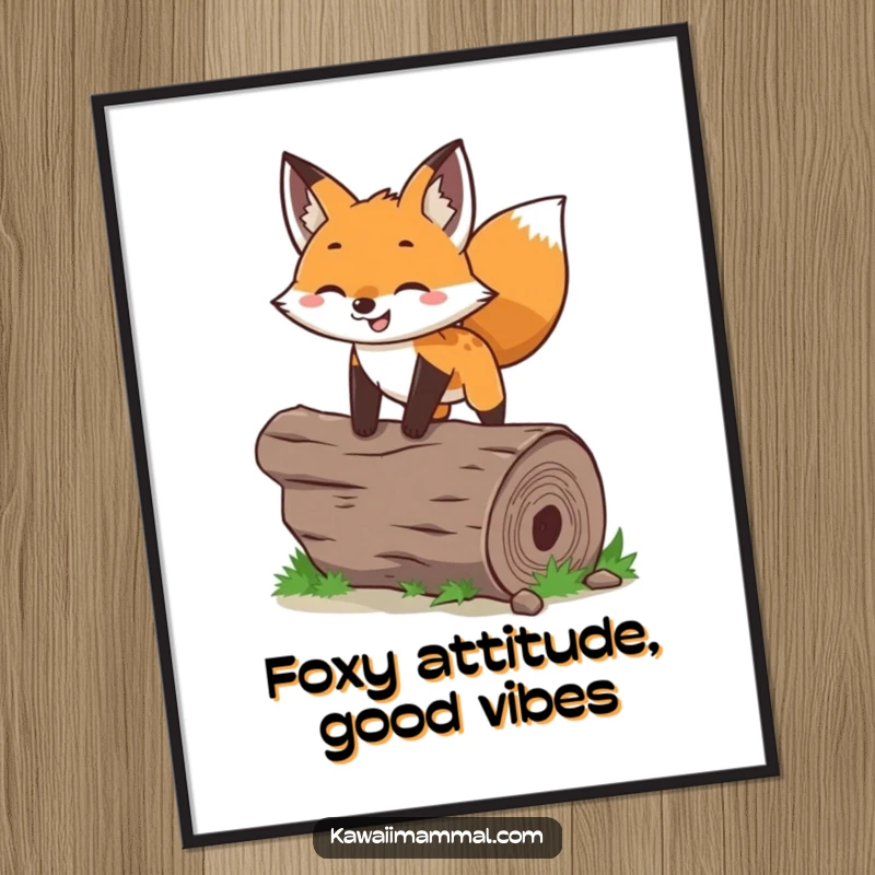 Funny fox poster featuring a lively character leaping over a fallen log, ears up, conveying pure animation and happiness.