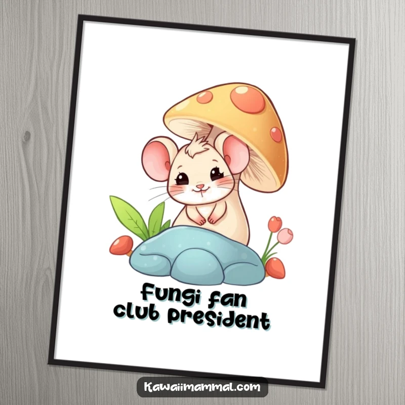 Funny poster showing a giggling mouse peeking from behind a large mushroom, adding a touch of playful enchantment to any room.