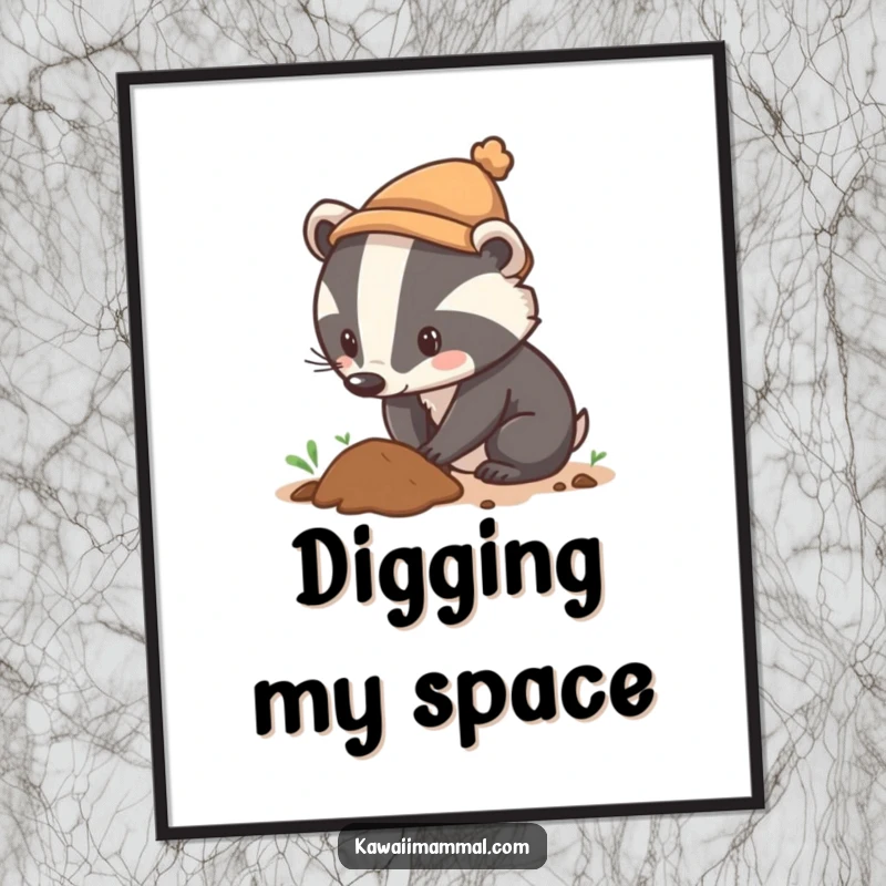 Funny poster art of a curious badger in a tiny hat digging with intense determination, capturing the spirit of focused exploration and fun.