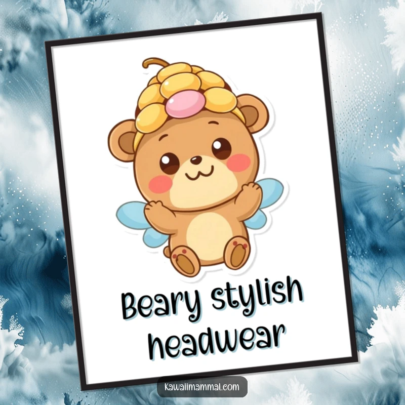 Funny Poster: A happy bear with wide, innocent eyes playfully wears a beehive, creating a humorous and heartwarming piece of wall art.