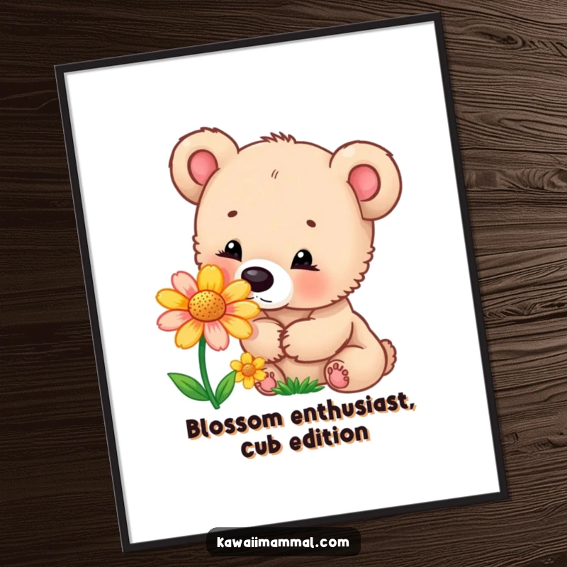 Funny poster depicting a curious bear cub sniffing a vibrant flower, adding a touch of innocent wonder and humor to any room.