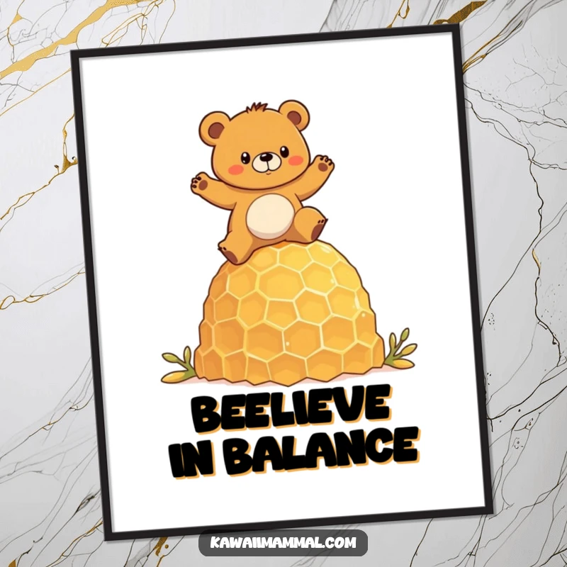Funny poster illustration of a determined bear character humorously balancing on a giant honeycomb, adding woodland charm to walls.
