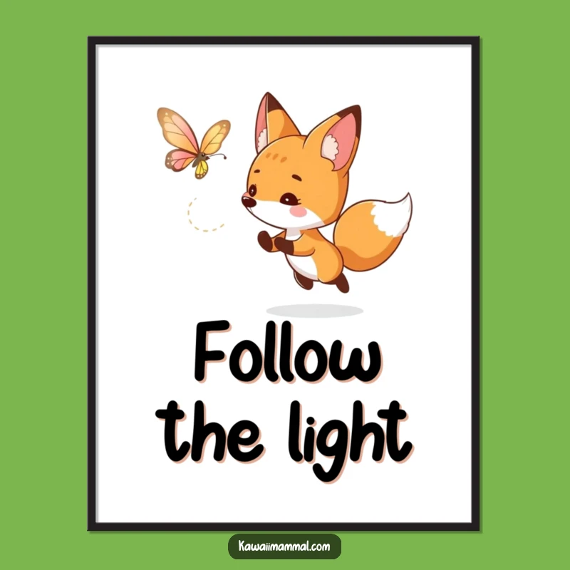 Funny Curious Fox Poster: Luminous Butterfly Chase Art for Playful Decor