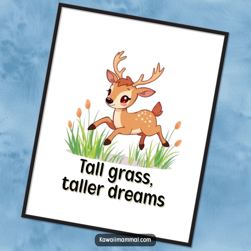 Funny Poster: A cheerful deer with graceful antlers gracefully leaps through tall grass, creating a beautiful and calming scene.