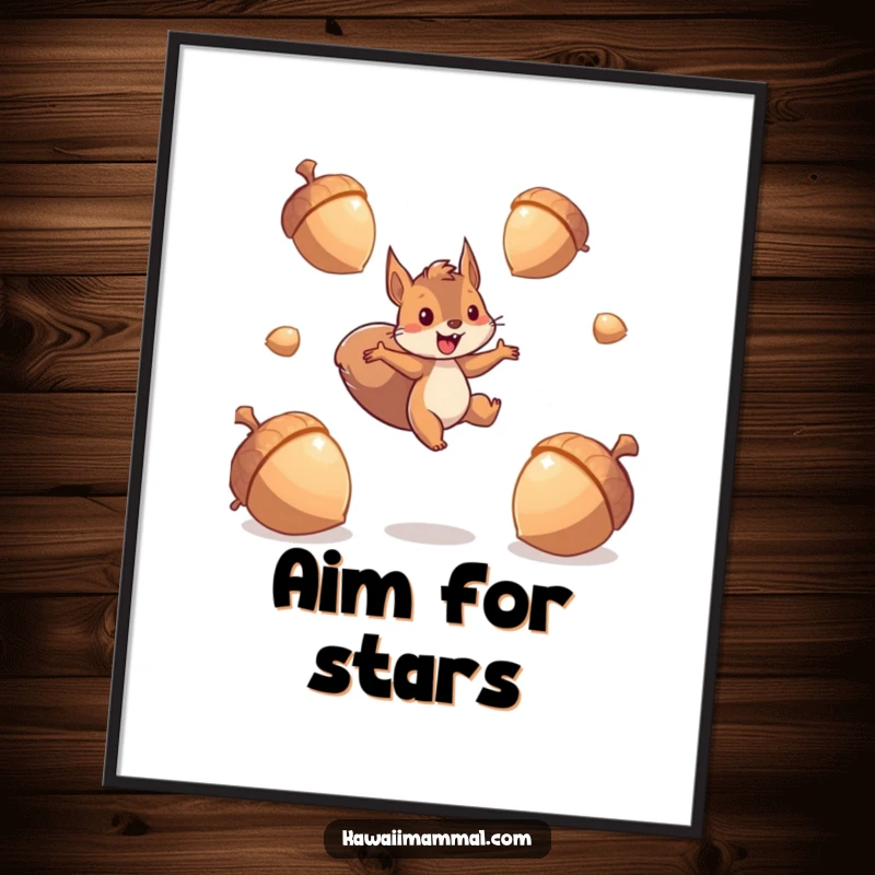 Funny squirrel poster depicting an energetic character leaping between giant, sparkling acorns, radiating dynamism and playful abundance.