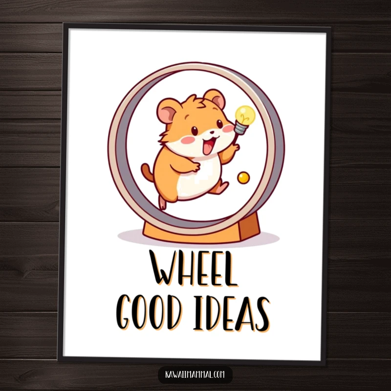 Funny poster depicting a happy hamster enthusiastically running on a wheel, its energy powering a small, glowing light bulb.