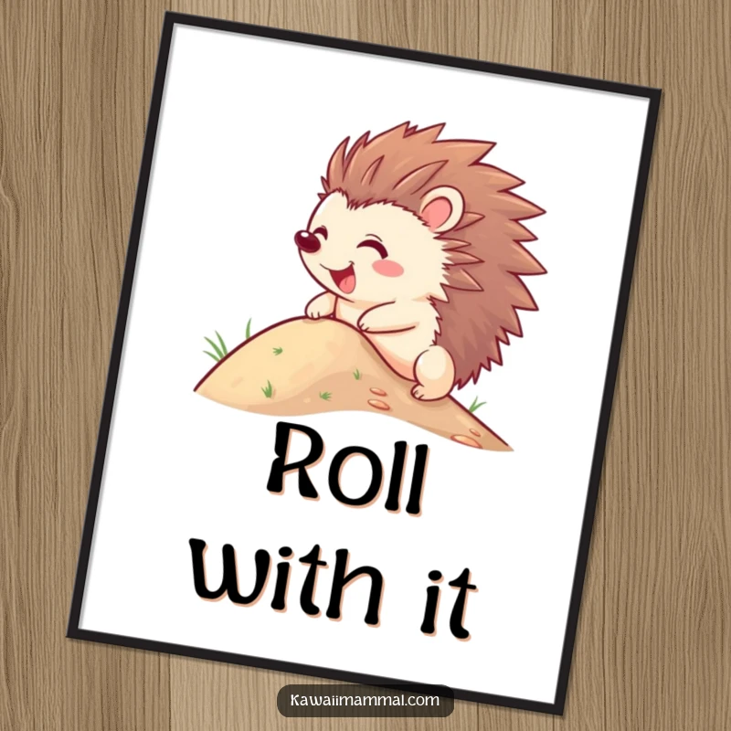 Funny Hedgehog Poster: A joyful character with quills out, captured mid-roll down a hill with an expression of pure, unadulterated fun.