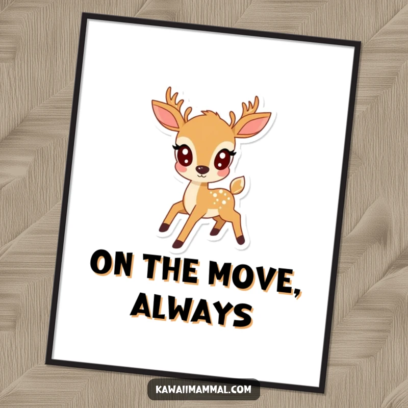 Funny kawaii deer with wide, enchanting eyes, prancing with delicate grace, a charming woodland illustration for wall decor.