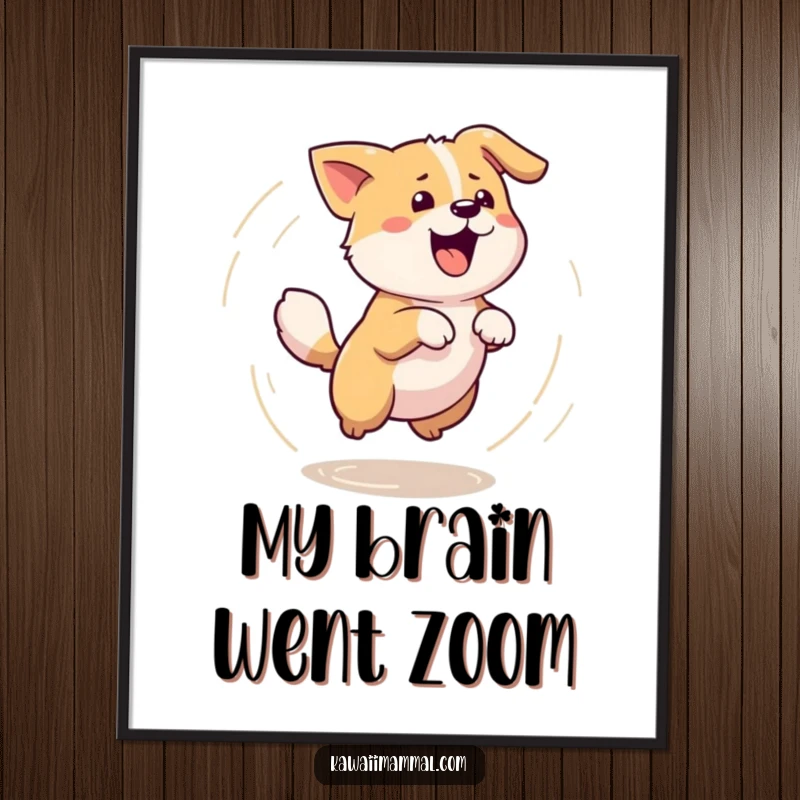 Funny poster showcasing a Kawaii dog in a dizzying spin, enthusiastically chasing its tail, bringing playful energy to any wall.