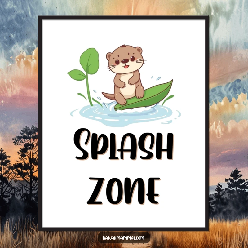 Funny Kawaii Otter Surf Poster: A cute otter attempts to surf a large leaf in a puddle, embodying joyful and funny water play.