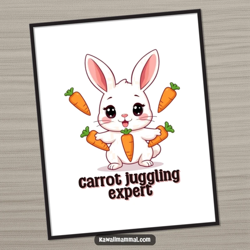 Funny poster showcasing a Kawaii rabbit with wide, focused eyes, juggling three carrots simultaneously, a comical and artistic depiction.