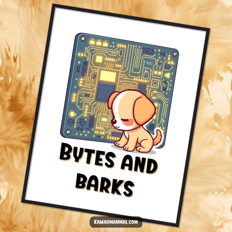 Funny poster featuring a small, wide-eyed puppy sniffing a vividly glowing computer circuit board, illustrating a funny tech encounter.