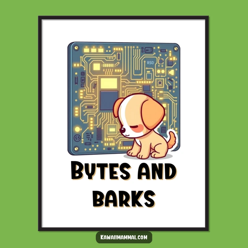 Funny Puppy Poster: Curious Pup Sniffing Glowing Circuit Board - Quirky Wall Art Gift