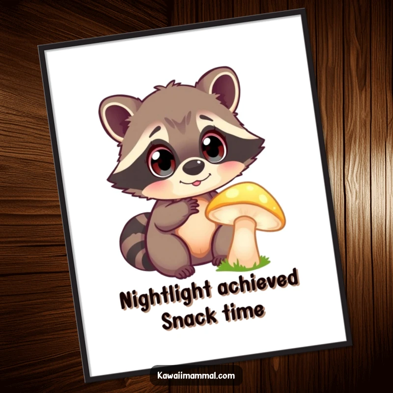 Funny Poster: A curious raccoon with large, bright eyes enthusiastically studies a glowing mushroom, creating a mystical and humorous scene.