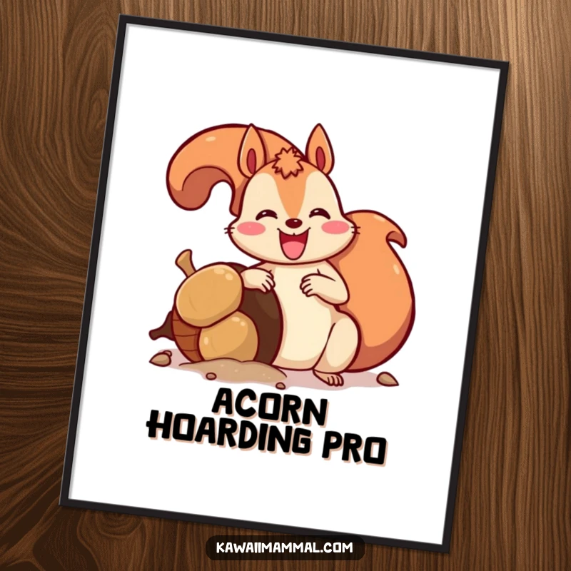 Funny poster art of a delighted squirrel with a bushy tail triumphantly burying an enormous acorn, capturing enthusiastic preparation and woodland joy.