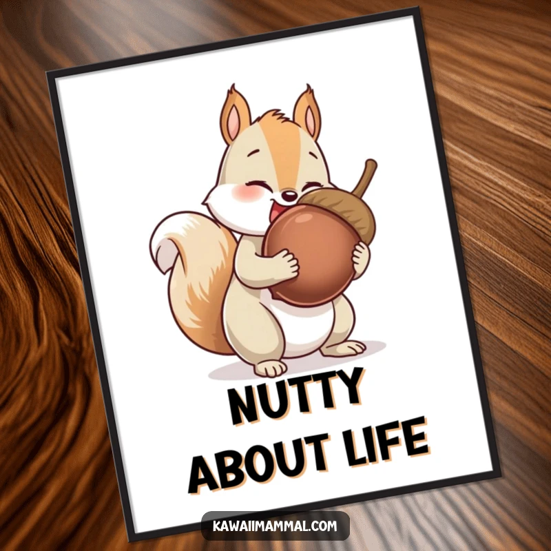 Funny Squirrel Poster featuring a giggling squirrel character collecting an impossibly large acorn, whimsical and humorous wall art.