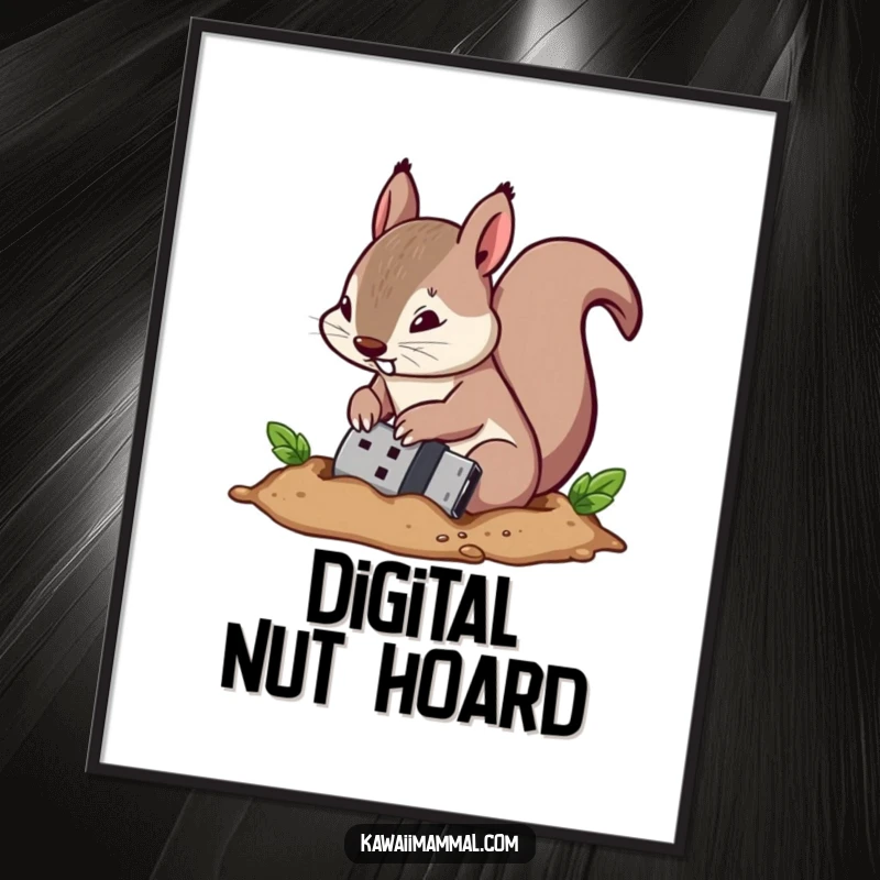 Funny poster featuring a determined squirrel burying a USB flash drive like it's a nut, symbolizing digital hoarding.