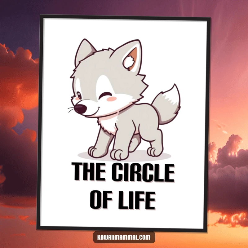 Funny Wolf Pup Poster: Whimsical kawaii wolf pup in a funny, dizzying chase after its own tail, full of energy.