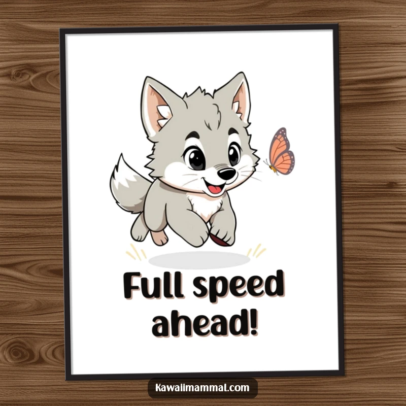 Funny poster print featuring an energetic wolf puppy in a playful chase after a colorful butterfly.