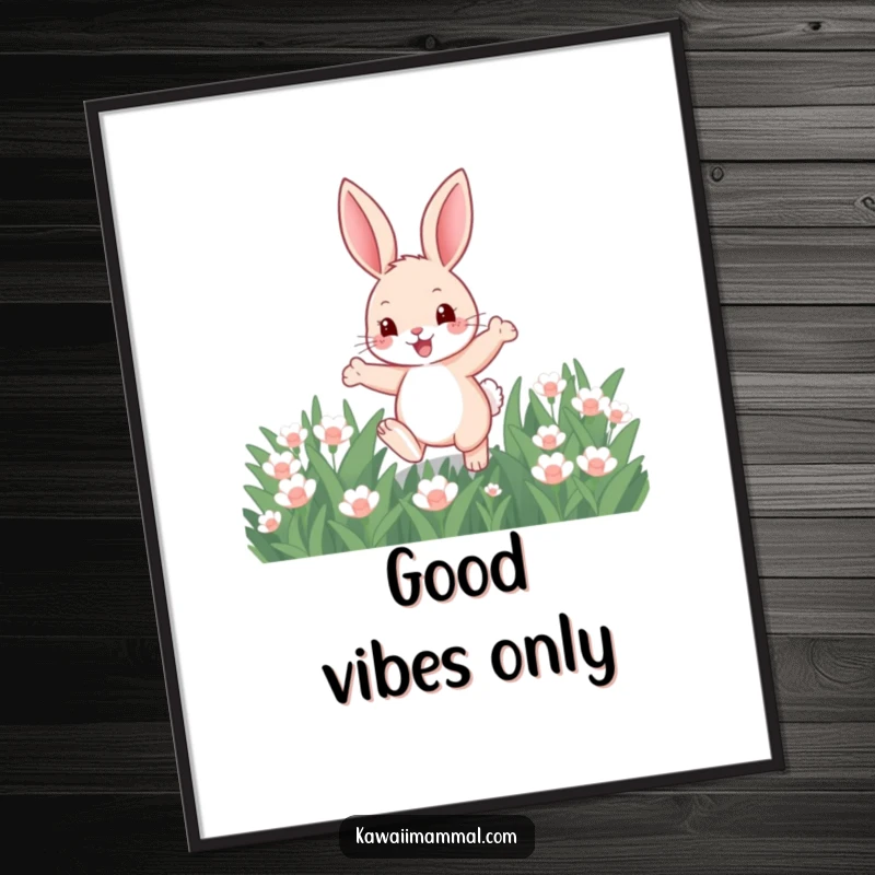 Funny poster art of a cute, energetic bunny leaping with excitement through a field of clover, capturing the essence of spring.