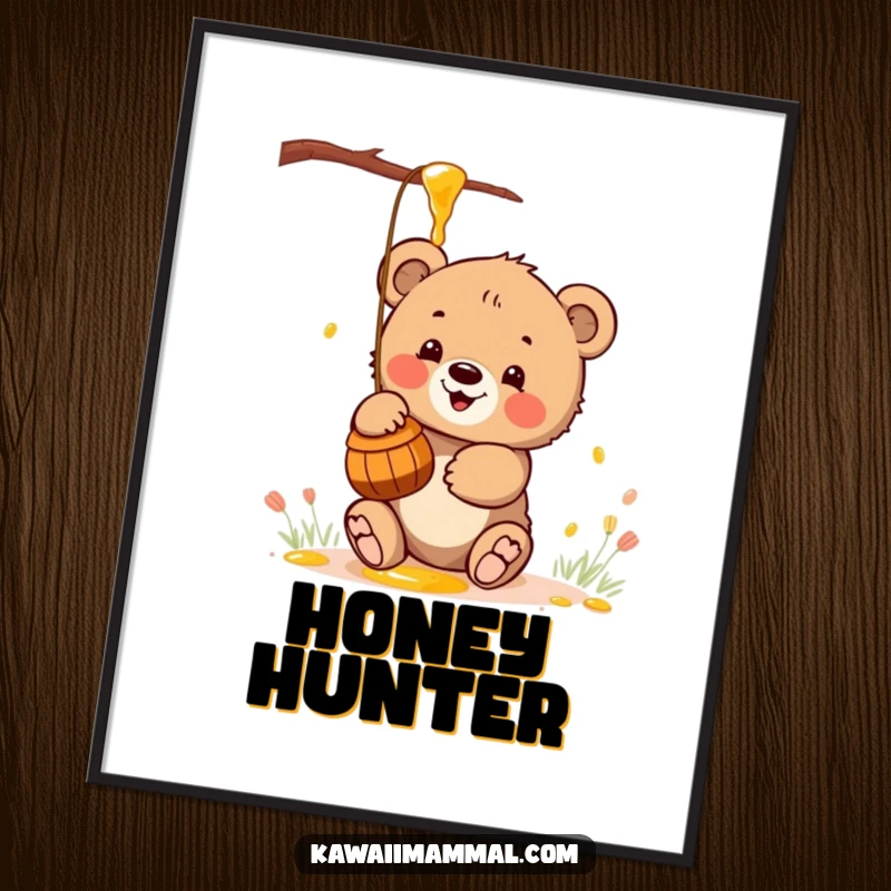 Funny poster showcasing a kawaii bear cub enthusiastically playing with a honey pot, perfect for sweet wall decor.