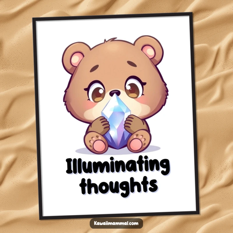 Funny bear cub poster depicting a focused character examining a shimmering crystal with wide, wondering eyes, radiating innocent fascination and wonder.