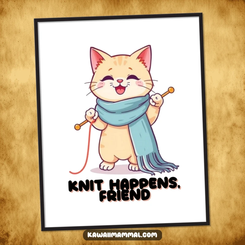 Funny poster featuring a Kawaii cat hilariously knitting a giant scarf while balancing on one paw, adding cute humor to any room.