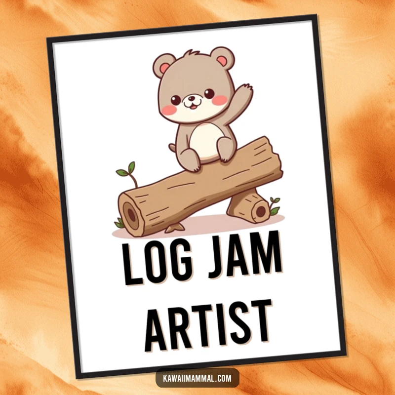 Funny poster featuring a curious bear character bravely balancing on a wobbling log, conveying excitement and determination.