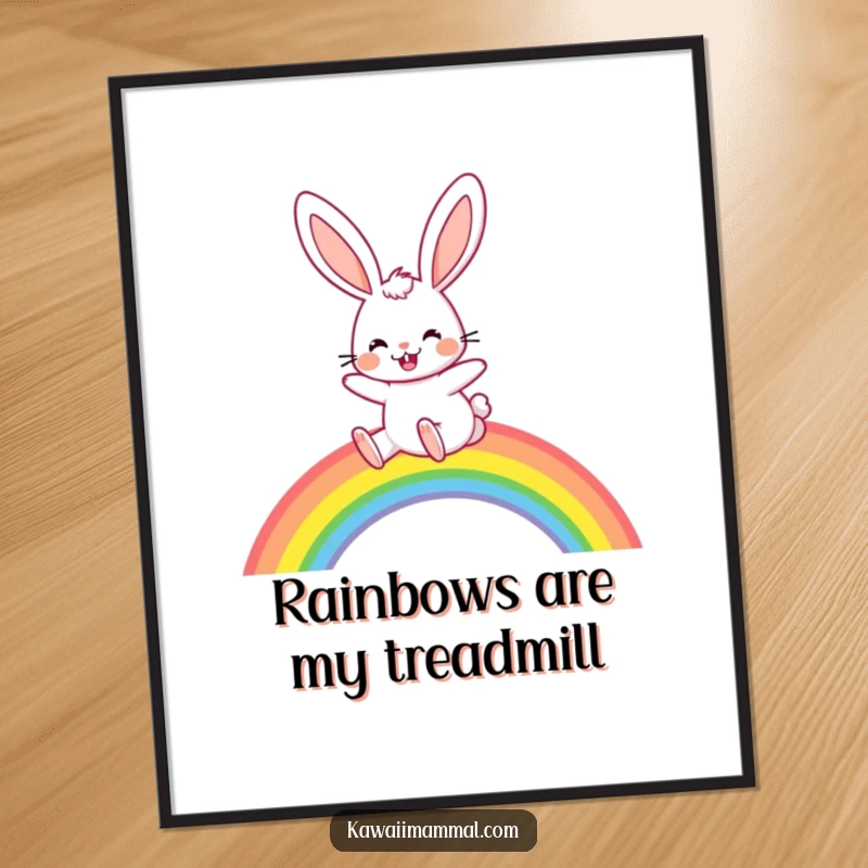 Funny Poster: A joyful rabbit with long, floppy ears hops over a rainbow, creating a beautiful scene of happiness and hope.